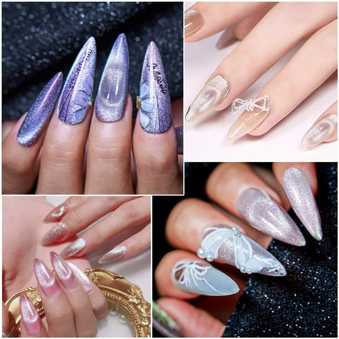 MIZHSE 10ml*6 Colors Cat Eye Gel Nail Polish - Glitter Pink Gold Sparkle Set with Universal Silver Cat Eye Gel