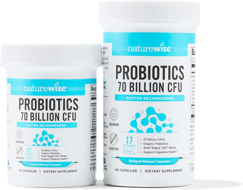 NatureWise Probiotics | 30 Capsules | 70 Billion CFU - 17 Strains + Organic Prebiotics - Immune, Digestive & Gut Health