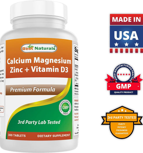 Best Naturals Calcium Magnesium Zinc with Vitamin D3, 300 Tablets, 1000 mg Calcium, 400 mg Magnesium