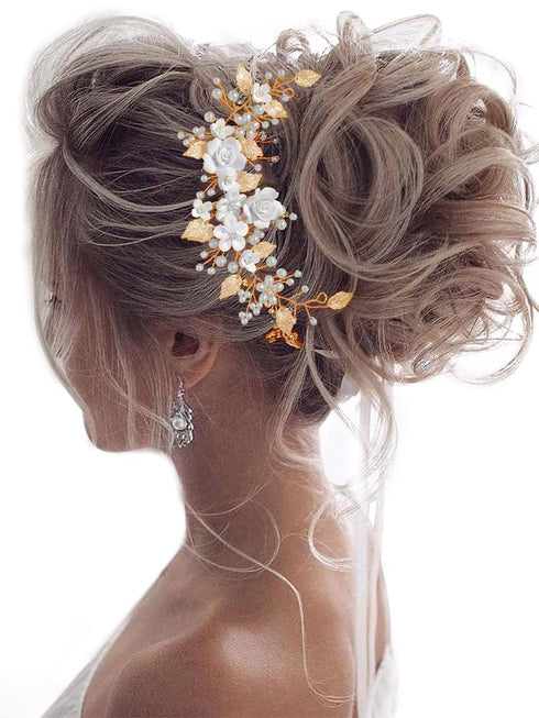 Unicra Gold Flower Bride Wedding Hair Vine - Pearl Bridal Hair Piece Leaf Hair Accessories Rhinestone Headband