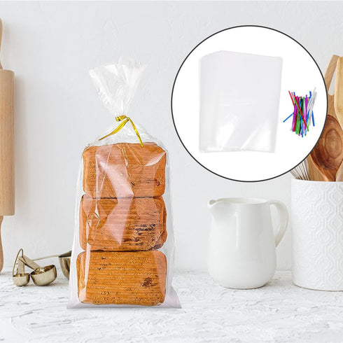 Gusseted 200pcs (15x23cm) Packaging Poly Bread Bags with Mixed Color Ties, Bakery Pouches for Cookie Preservation