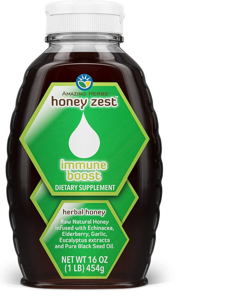 Amazing Herbs Raw Natural Honey, 16 Fl Oz - Herbal Honey with Echinacea, Elderberry, Garlic, and Black Seed Oil
