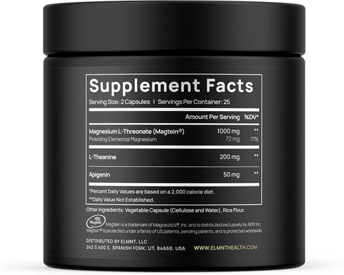 ELMNT Magnesium Threonate Triple Sleep Supplement - Apigenin, Theanine & Magtein - Natural Sleep Aid Capsules for Calm