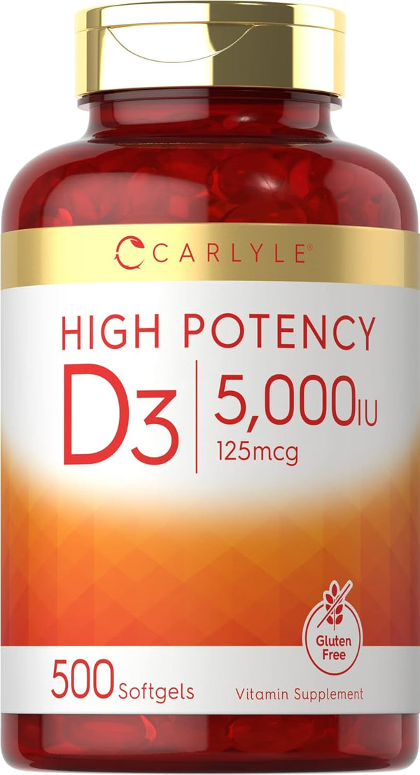 Carlyle Vitamin D3 5000 IU Softgels, 500 Count, Value Size, Non-GMO & Gluten Free, High Potency Formula, 125mcg