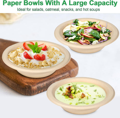 50 Pack Disposable Bowls, 20 oz Heavy Duty Paper Soup Bowls, Biodegradable Compostable for Salad, Ice Cream, Party