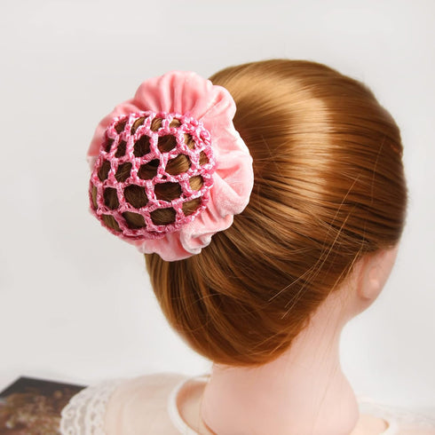 Velvet Hair Scrunchies for Women Girls, Bun Cover Hair Net, Ballet Hair Accessories Set (Pink)