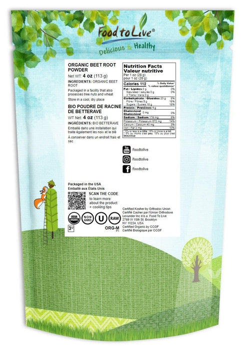 Food to Live Organic Beet Root Powder, 4 Ounces - Non-GMO, Raw, Kosher Vegan Superfood, Rich in Iron and Fiber