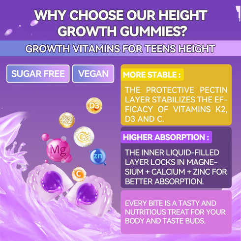 Gummies D3 K2, Gummies Immunity 60 Gummies Height Growth for Kids & Teens - Calcium, Vitamin + Zinc, Magnesium