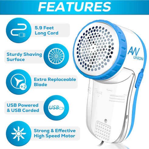 Fabric Shaver Lint Remover, AW union USB Powered Lint Shaver with 70" Cord and 2 Replacement Blades - Blue