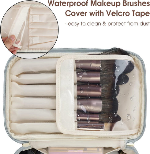 Wandering Nature Makeup Bag, Travel Make Up Organizer Cosmetic Brush Bags Case for Women in Eco Vegan Leather, Grayish Blue(Patent Pending)