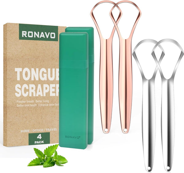 RONAVO Metal Tongue Scraper for Adults (4 PC), Rustproof with Travel Cases, Reduces Bad Breath