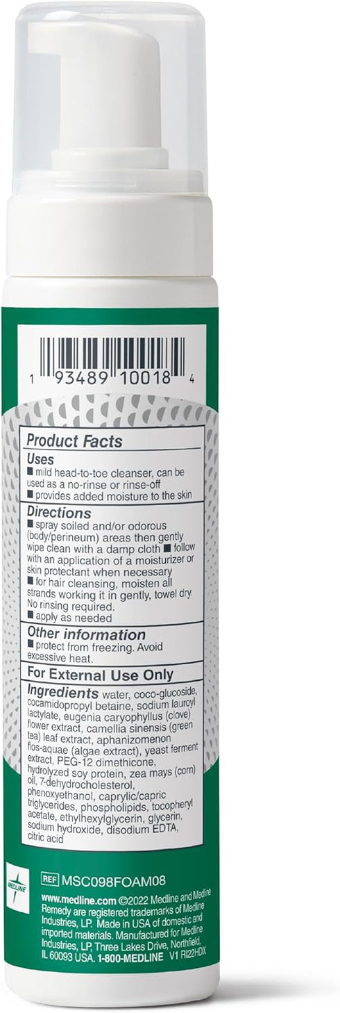 Medline Remedy No-Rinse Foam Cleanser, Gentle Skincare Solution, 8 oz Bottle