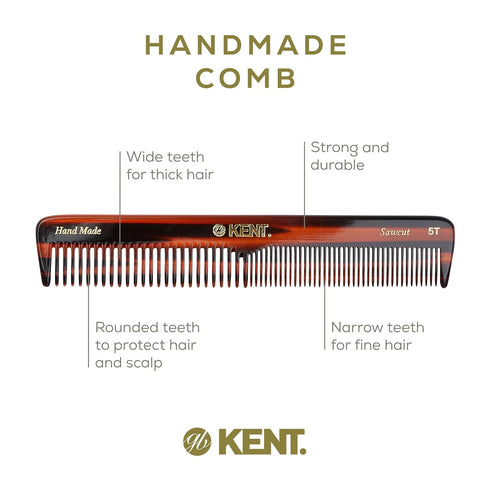Kent 5T Double Tooth Hair Dressing Comb, Fine and Wide Tooth for Men, Women, Kids