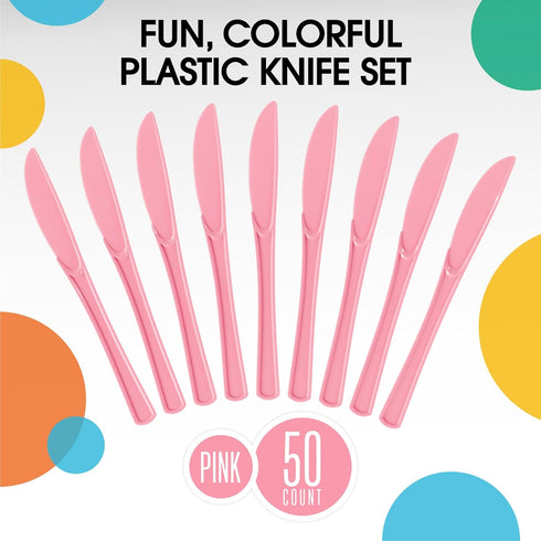 Exquisite Disposable Pink Plastic Knives, 50 Pcs Heavy Duty Cutlery, Pink Disposable Flatware for Parties