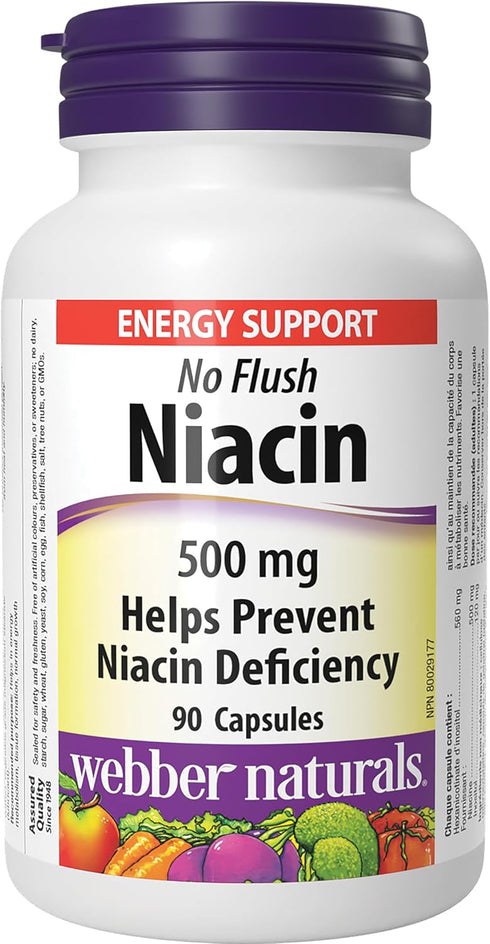 Webber Naturals No Flush Niacin Vitamin B3 Capsule, 500mg, 90 Count