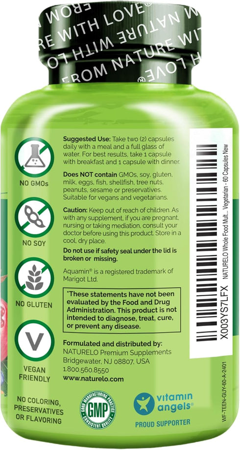 NATURELO Teen Multivitamin - Whole Food Supplement for Active Boys - Non-GMO Vegan Vegetarian with Plant Extracts - 60