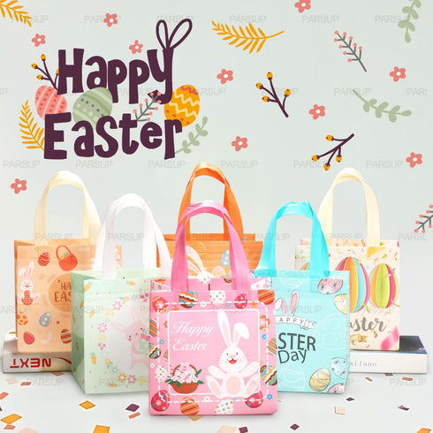 PARSUP 12PCS Happy Easter Bunny Carrot Chick Egg Hunt Gift Bags with Handles, 8.3×7.9×5.9inch, Easter Party Supplies