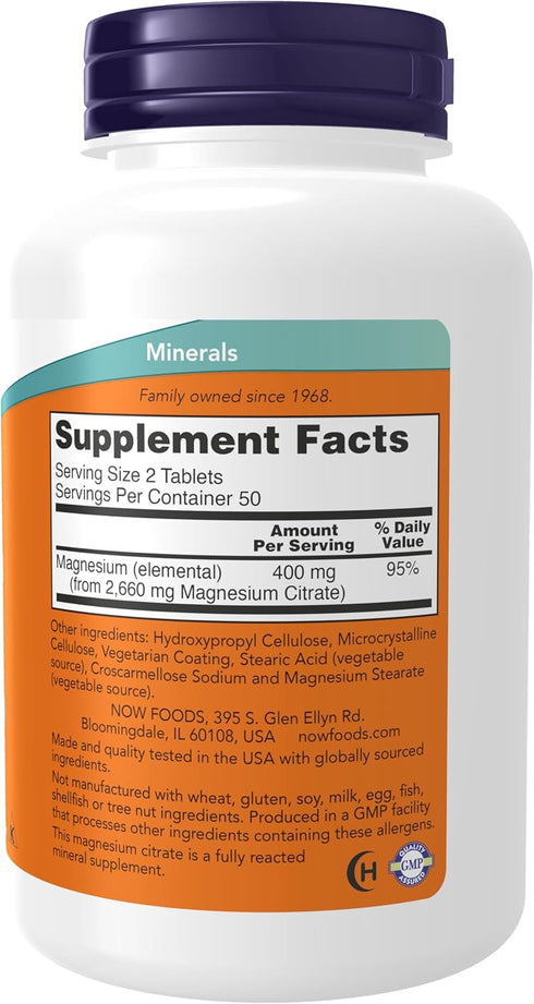 NOW Supplements, Magnesium Citrate 200 mg, Enzyme Function*, Nervous System Support*, 100 Tablets