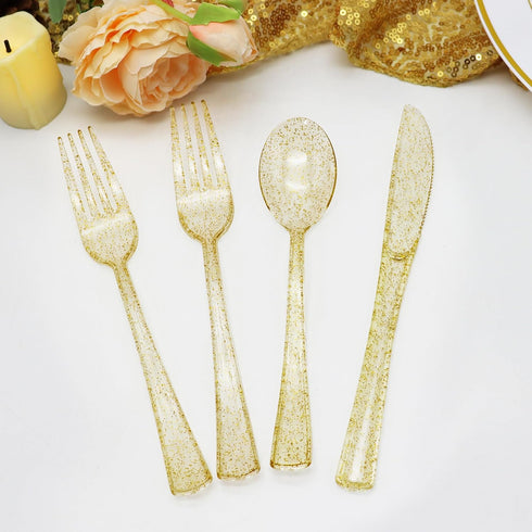 150 Pack Gold Plastic Silverware, Heavy Duty Gold Glitter Silverware - 50 Forks, 50 Knives, 50 Spoons for All Occasions