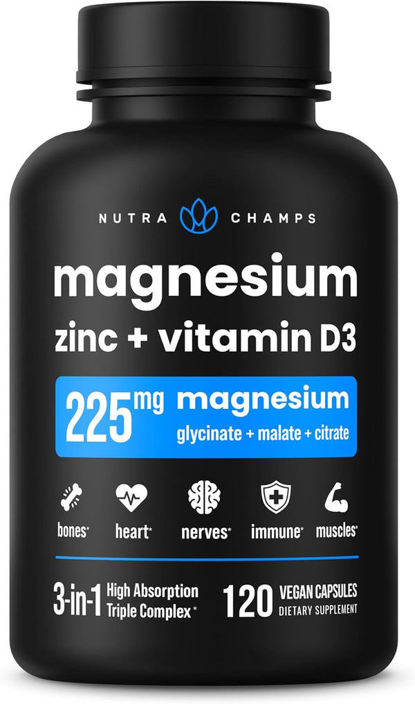 NutraChamps Magnesium Zinc & Vitamin D3 Supplement, 120 Vegan Capsules for Bone, Muscle & Heart Health, Immune Support