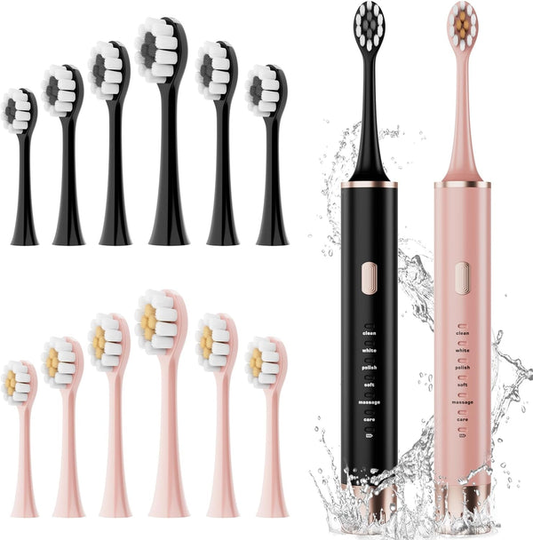 Black & Pink Electric Toothbrush for Adults, 2 Pack, USB Rechargeable Sonic Toothbrush with 12 Brush Heads