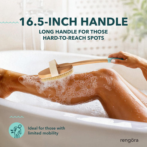 Long Handled Back Scrubber for Shower - 18" Boar Bristle Brush, Wooden Bath Brush