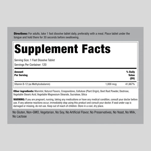Piping Rock Vitamin B12 Sublingual 1000 mcg | 120 Tablets | Methylcobalamin | Berry Flavor | Non-GMO, Gluten Free Supplement