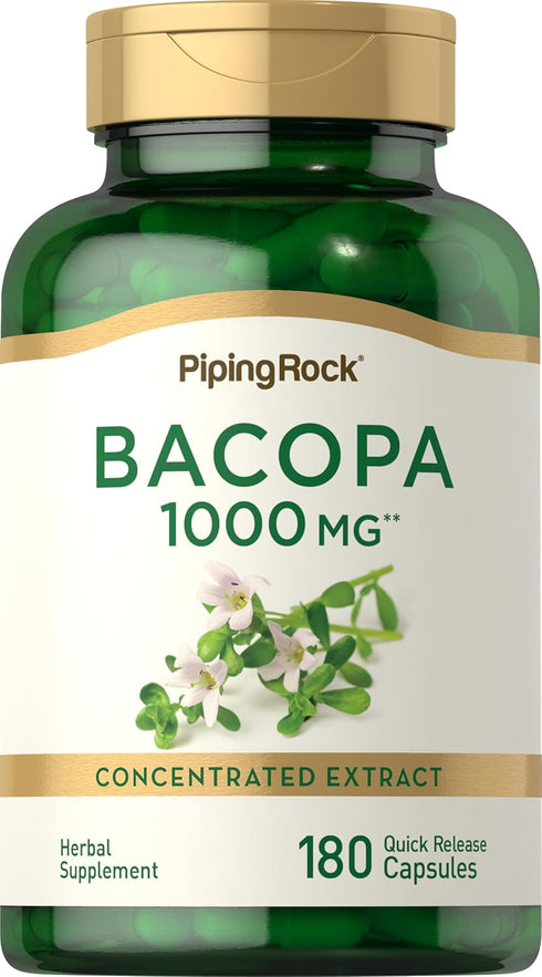 Piping Rock Bacopa Monnieri Capsules 1000 mg | 180 Count | Herbal Extract Supplement | Gluten Free, Non-GMO