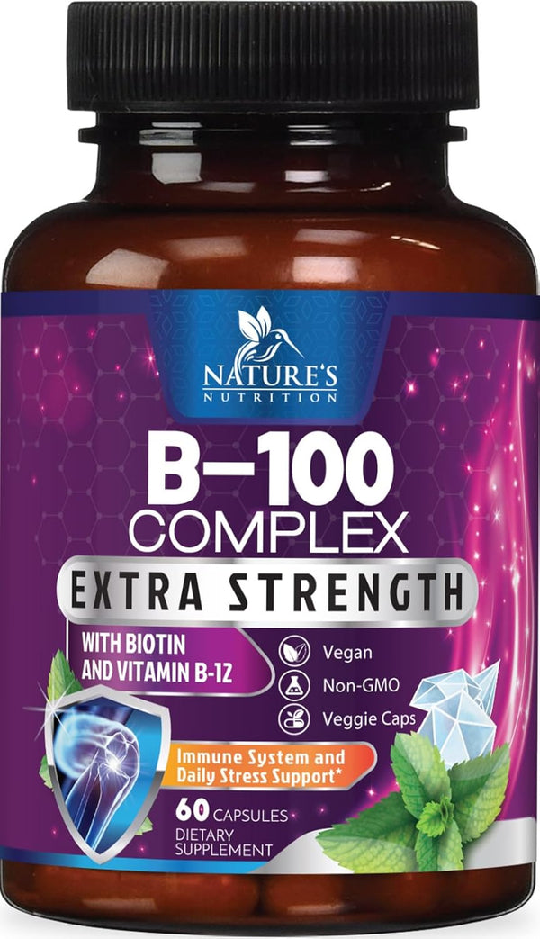 B Complex Vitamins with B1 B2 B3 B6 B12 C & Folic Acid, 60 Vegan Capsules for Energy, Brain & Immune Support