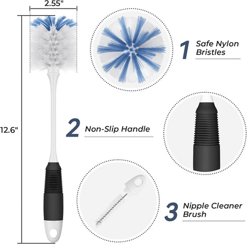 Amazer Bottle Brush Cleaner, Long Flexible Handle Scrub for Water Bottles, Glasswares, 2 Pack.