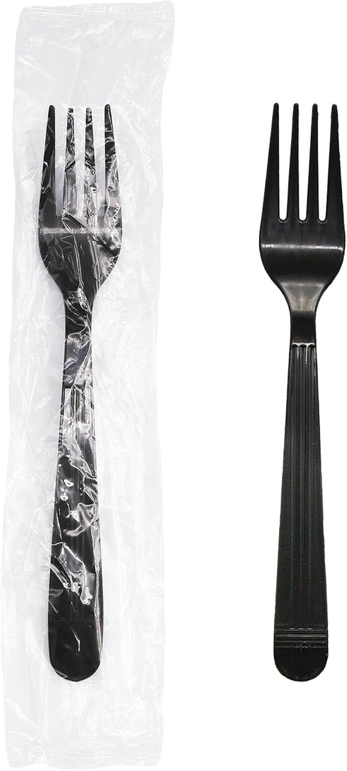 Party Essentials Individually Wrapped Black Plastic Utensil Sets, Heavy Duty Flatware Packs, 100 Sets