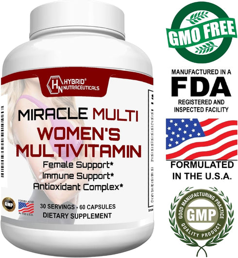 Hybrid Nutraceuticals MiracleMulti Multivitamin for Women - Female Support Formula, Immune Support, Minerals, Biotin,