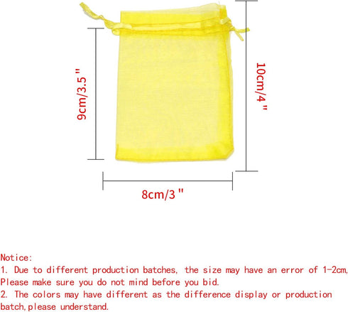 100Pcs Premium Sheer Organza Bags, Yellow Wedding Favor with Drawstring, 3x4 Inch Jewelry Gift for Party