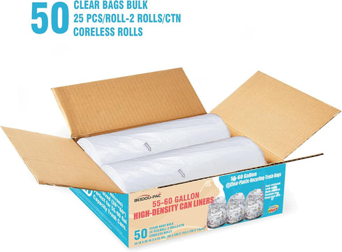 55-60 Gallon Trash Bags, 50 Count Bulk, Heavy Duty Clear Plastic Recycling Bags, Multi-purpose Garbage Bags for home Commercial, Outdoor, Construction, Industrial, Lawn, Leaf by BEIDOU-PAC