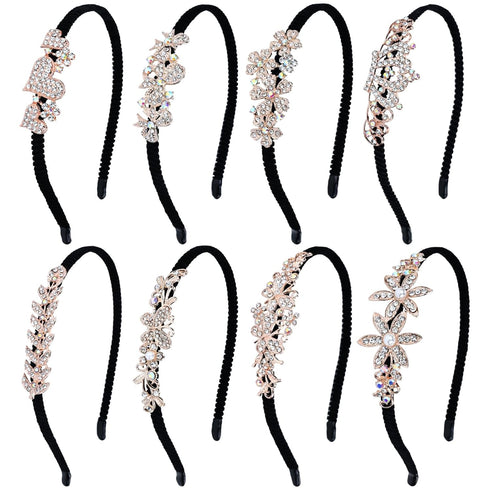 Lawie 8 Pack Rhinestone Flower Butterfly Bowknot Headbands, Sparkly Black Metal Hair Accessories for Women Girls