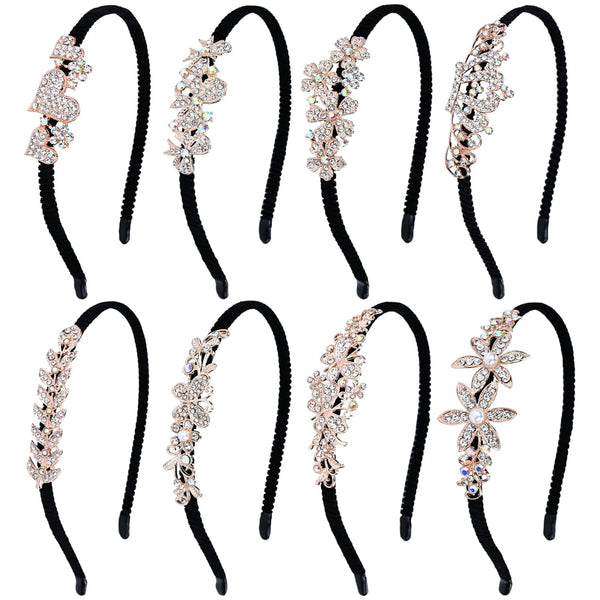 Lawie 8 Pack Rhinestone Flower Butterfly Bowknot Headbands, Sparkly Black Metal Hair Accessories for Women Girls