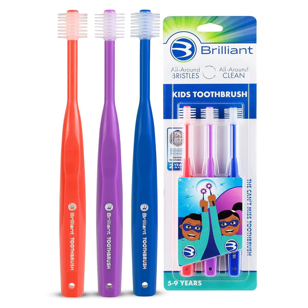 Brilliant Oral Care Kids Toothbrush with Soft Bristles, Round Head, Ages 5-9 Years, Red Purple Royal, 3 Pack