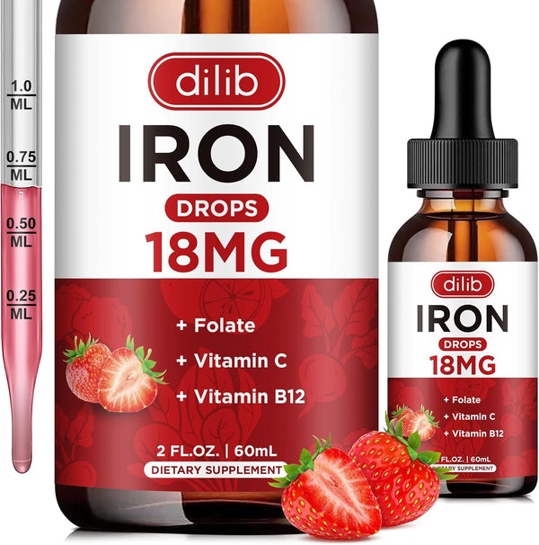Liquid Iron Supplement for Women & Men, Iron Drops for Anemia with Folate, Vitamin C, B12, Strawberry, 2 Fl Oz