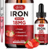 Liquid Iron Supplement for Women & Men, Iron Drops for Anemia with Folate, Vitamin C, B12, Strawberry, 2 Fl Oz