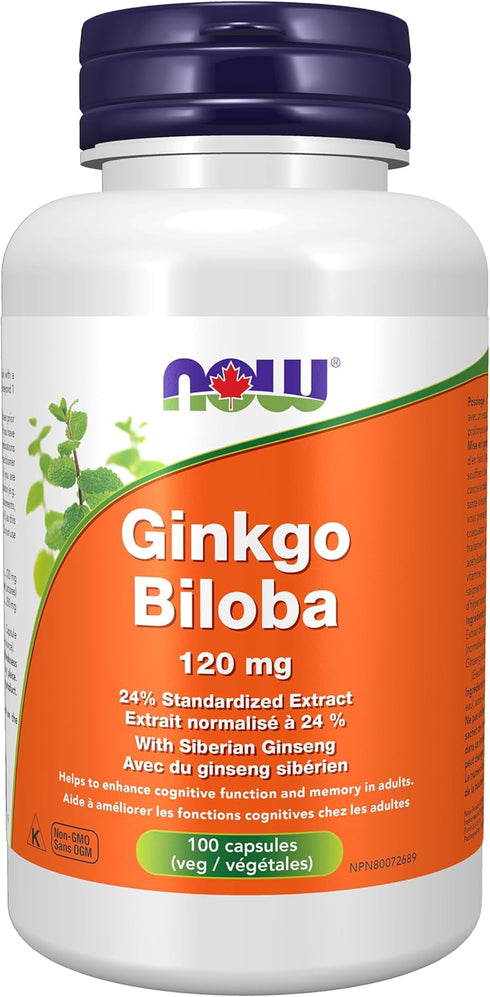 NOW Supplements Ginkgo Biloba 120 mg, 100 Veg Capsules, Double Strength, Non-GMO Project Verified