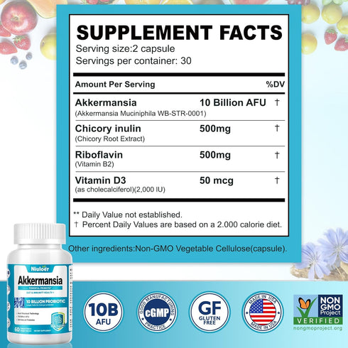 Akkermansia Probiotic, GLP-1 Probiotics for Women & Men, 10 Billion AFUs, 60 Capsules for Gut Health
