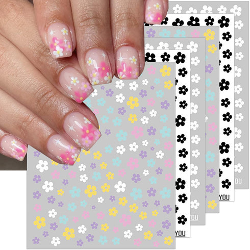 6 Sheets Flower Nail Art Stickers, 3D Self-Adhesive Black White Colorful Flowers Design for Manicure DIY Supplies