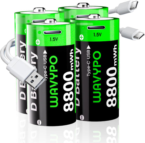 WAVYPO 8800mAh Rechargeable D Lithium Batteries with Included USB-C Charging Cable, Rechargeable D