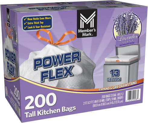 MEMBERS MARK (13 2 100 200 count Member's Mark Power Flex Tall Kitchen Drawstring Trash Bags Gallon, Rolls of ct.