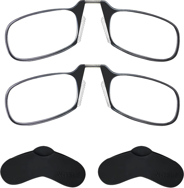 Noble Ultra Slim Flat Reading Glasses, 2 Pairs, Armless Pocket Size Readers with Enhanced Comfort Nose Rest (Black,