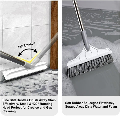 2 in 1 Cleaning Scrub Brush - V-Shape Stiff Bristle Floor Scrub Brush with Long Handle and 120° Rotating Squeegee