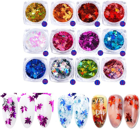 Nail Art DIY Maple Leaf Sequins - Laser Glitters Thin Paillette Flakes Stickers for Manicure Tips, 12 Boxes