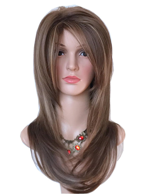 Long Layered Balayage Wig in Light Brown with Blonde Highlights, Synthetic Hair for White Women