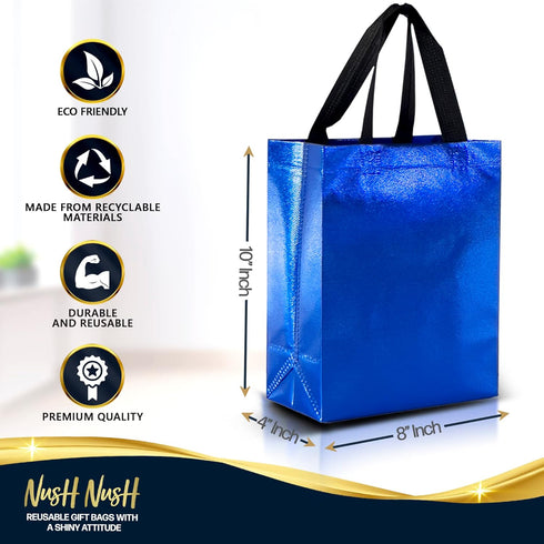Nush Nush Blue Gift Bags: Medium Size Set of 12 Shiny Reusable Bags with Handles for Goodie, Birthday, Party Favors