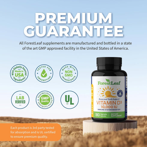 ForestLeaf Vitamin D3 5000 IU, Bone Health and Immune Support, 180 Easy to Swallow Vegetable Capsules